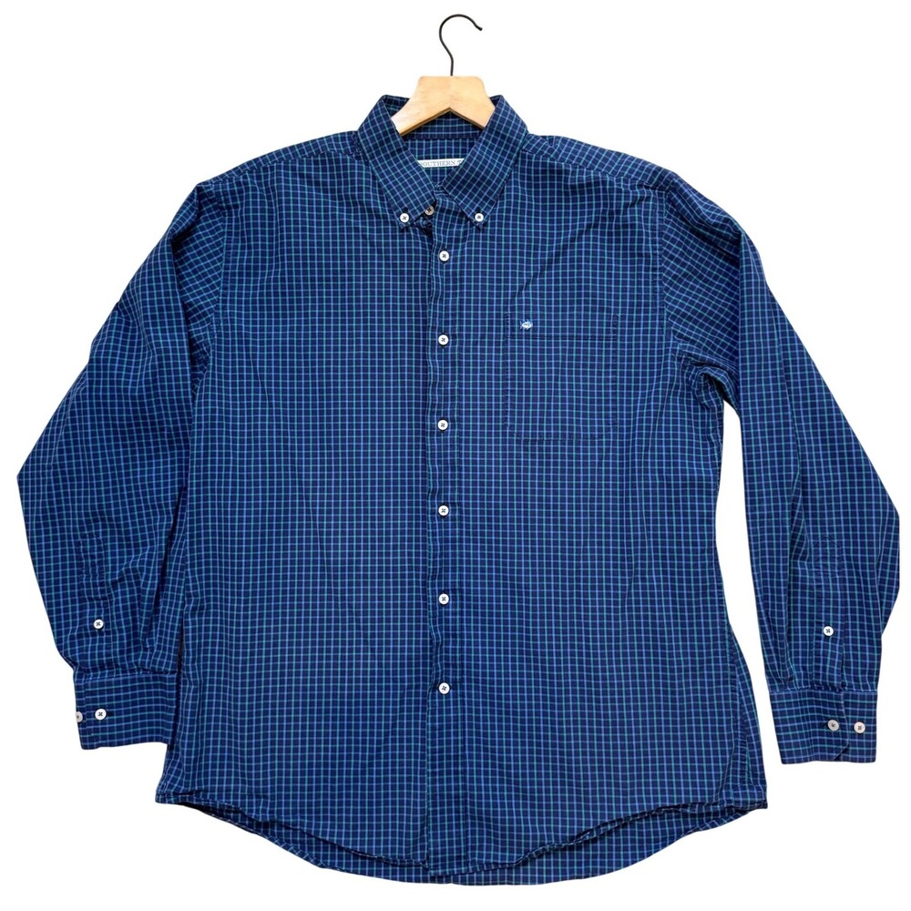 Southern Tide Mens Large Blue Green Plaid Long Sleeve Button Down Skipjack Shirt